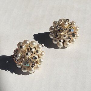 Vintage Signed Japan Clip On Earrings Faux Pearl Filigree Floral Silver Gold Ton